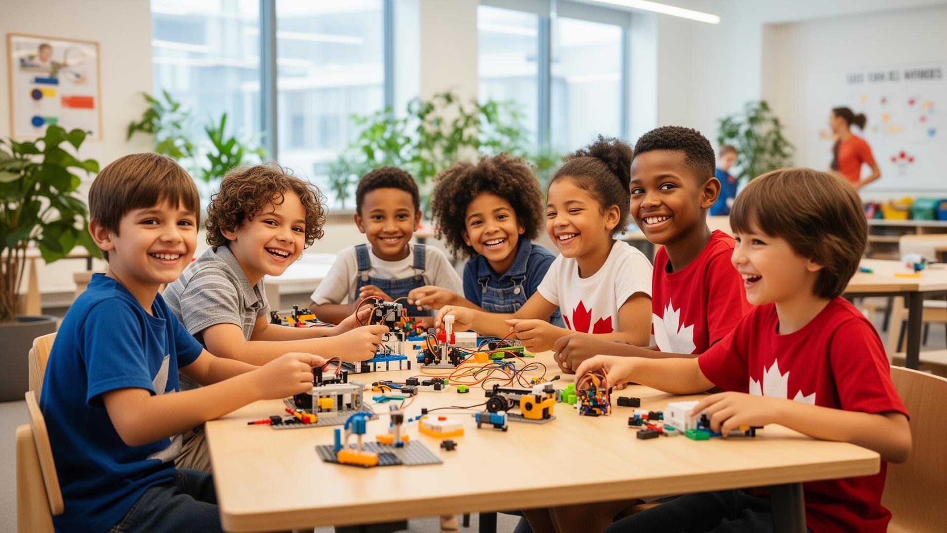 Diverse Canadian children building and learning together in a bright modern classroom